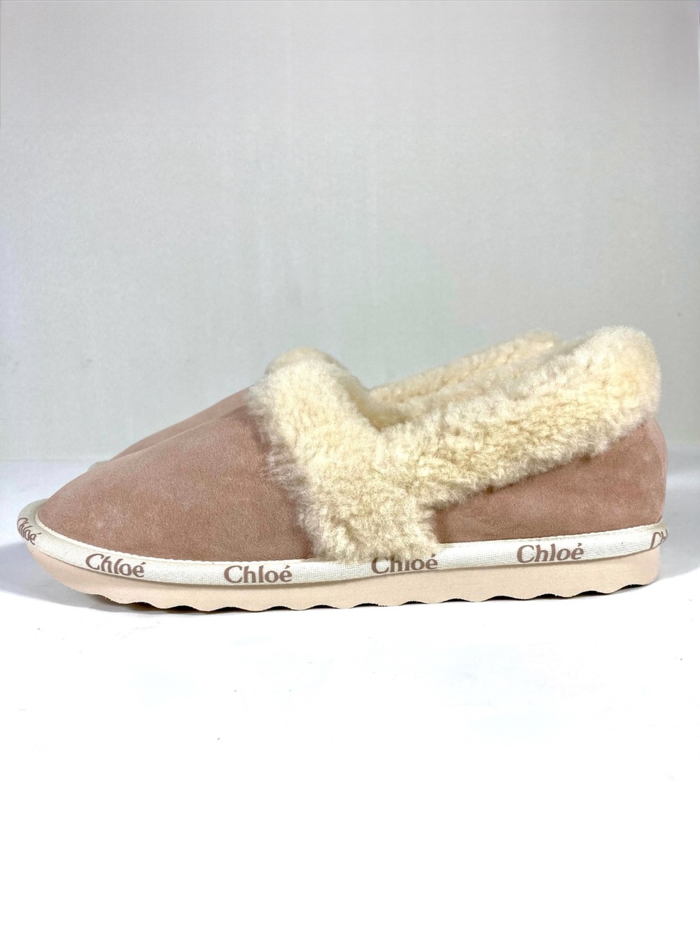 Chloe Woody Suede Genuine Shearling Closed Logo Slippers Maple Pink 41 US 11 NEW